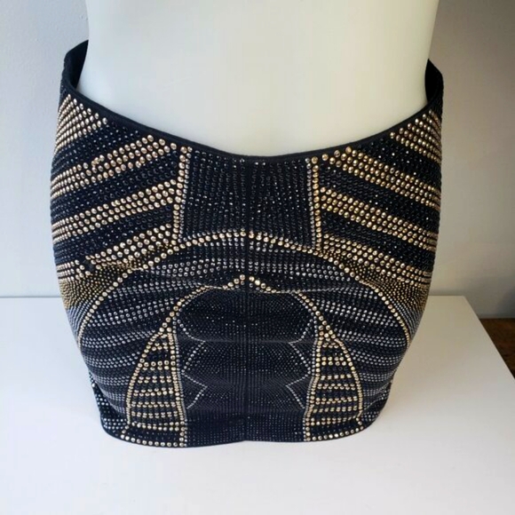 Art Deco Black Silver Gold Beaded Metal Studded FATE Boho Mini Skirt - Picture 4 of 13